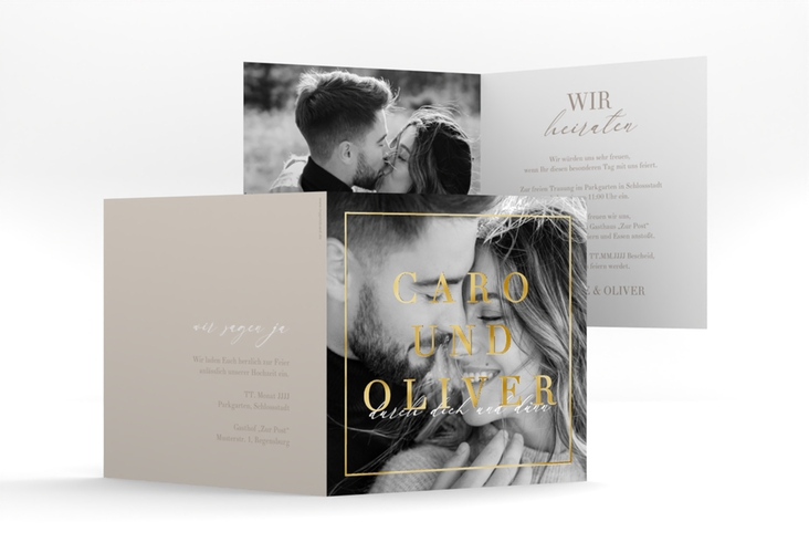 Hochzeitseinladung Moment quadr. Klappkarte beige gold