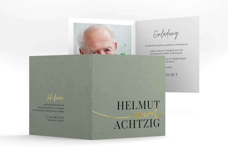 Einladung 80. Geburtstag Einfach quadr. Klappkarte gruen gold