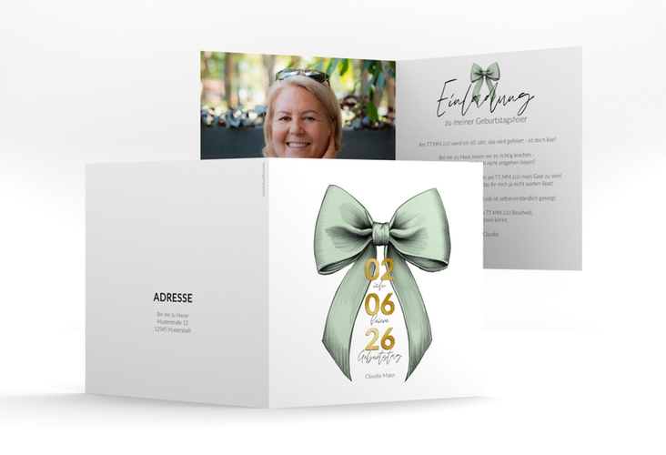 Einladung 60. Geburtstag Geburtstagsschleife quadr. Klappkarte gruen gold