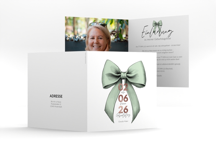 Einladung 60. Geburtstag Geburtstagsschleife quadr. Klappkarte gruen rosegold
