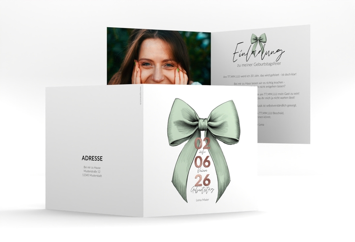 Einladung 30. Geburtstag Geburtstagsschleife quadr. Klappkarte gruen rosegold