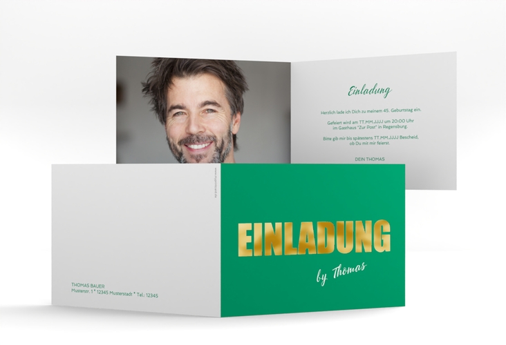 Einladung Geburtstag Zig A6 Klappkarte quer gruen gold
