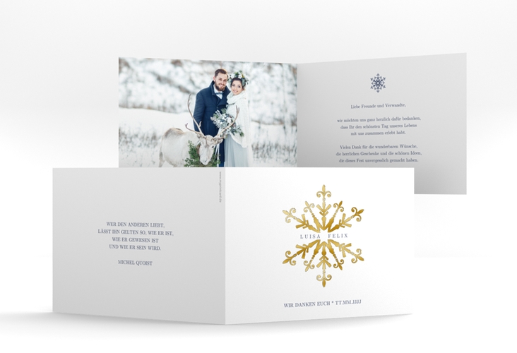 Danksagungskarte Hochzeit Crystal A6 Klappkarte quer weiss gold mit Eiskristall