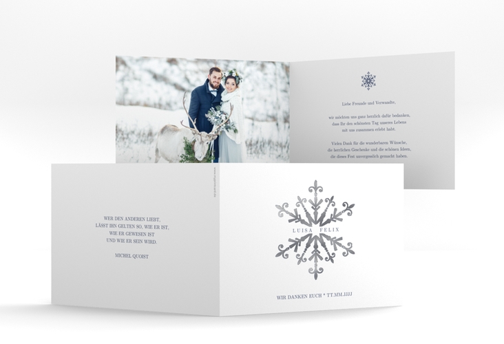 Danksagungskarte Hochzeit Crystal A6 Klappkarte quer weiss silber mit Eiskristall