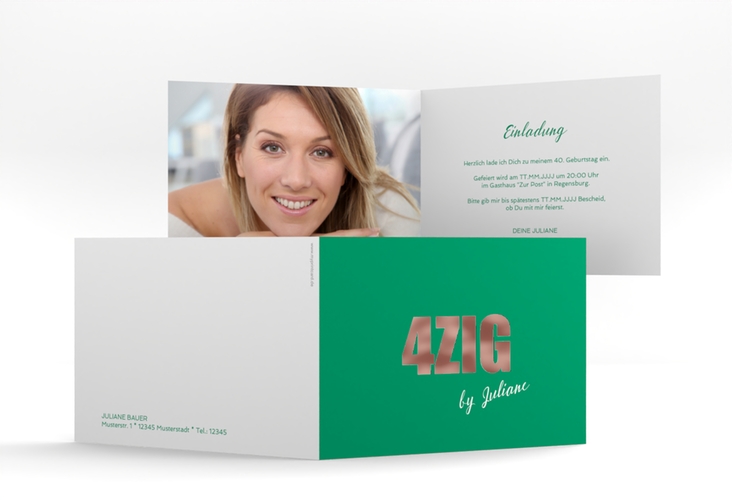Einladung 40. Geburtstag Zig A6 Klappkarte quer gruen rosegold