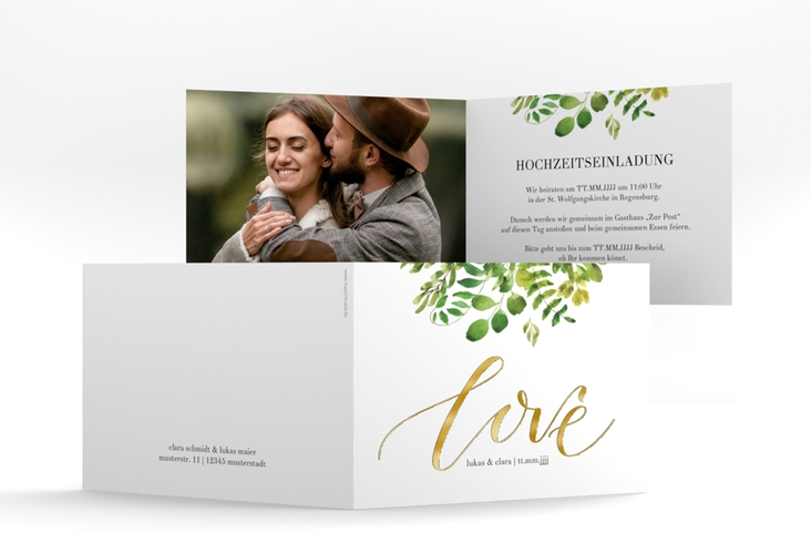 Hochzeitseinladung Botany A6 Klappkarte quer weiss gold