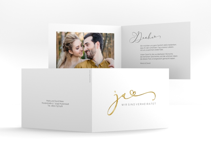 Danksagungskarte Hochzeit Jawort A6 Klappkarte quer weiss gold modern minimalistisch mit veredelter Aufschrift