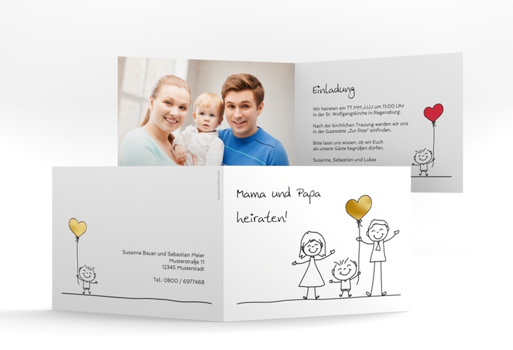 Hochzeitseinladung Family A6 Klappkarte quer weiss gold
