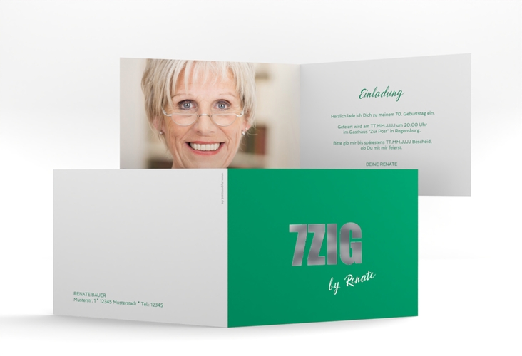 Einladung 70. Geburtstag Zig A6 Klappkarte quer gruen silber