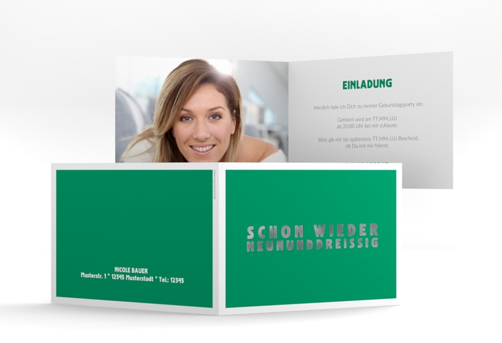 Einladung 40. Geburtstag Gag A6 Klappkarte quer gruen silber