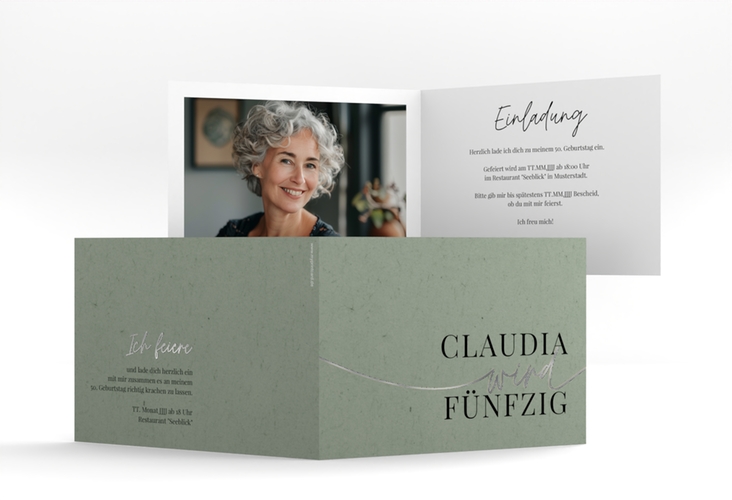 Einladung 50. Geburtstag Einfach A6 Klappkarte quer gruen silber