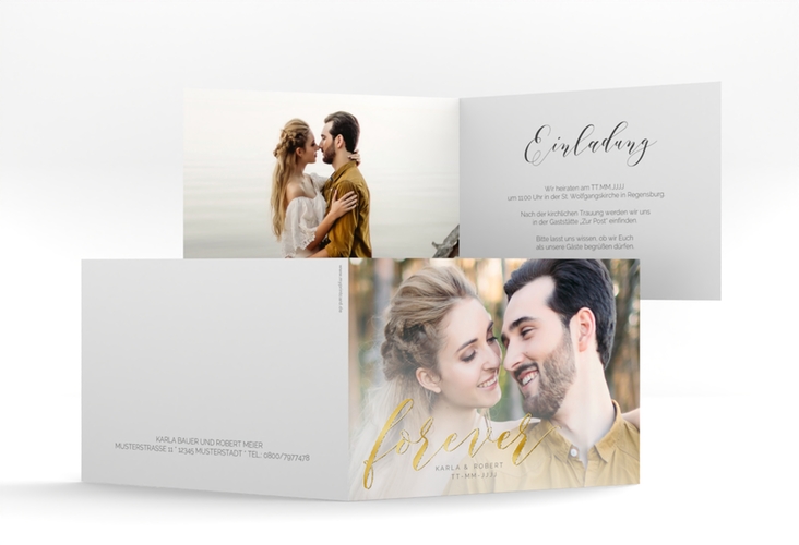 Hochzeitseinladung Promise A6 Klappkarte quer weiss gold