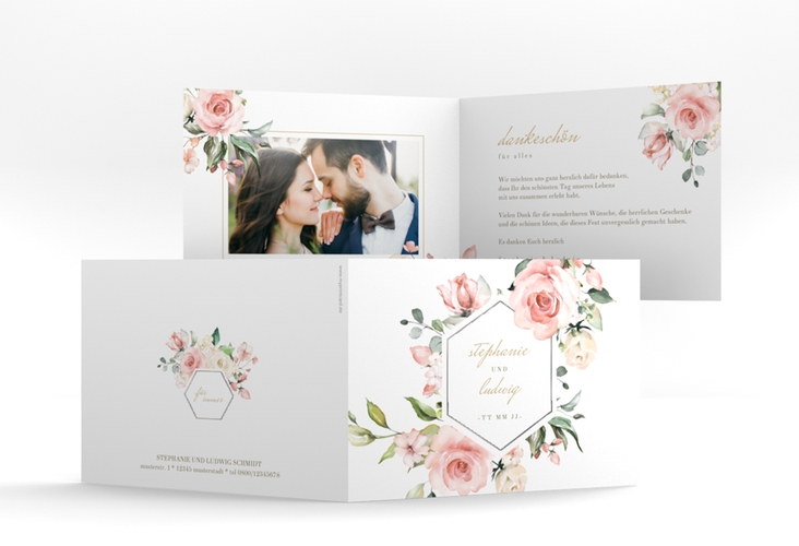 Dankeskarte Hochzeit Graceful A6 Klappkarte quer weiss silber mit Rosenblüten in Rosa und Weiß