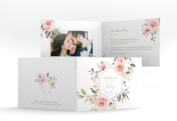 Dankeskarte Hochzeit Graceful A6 Klappkarte quer weiss rosegold mit Rosenblüten in Rosa und Weiß