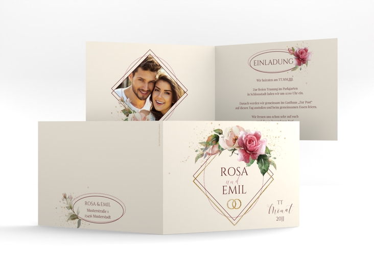Hochzeitseinladung Rosenbogen A6 Klappkarte quer beige gold