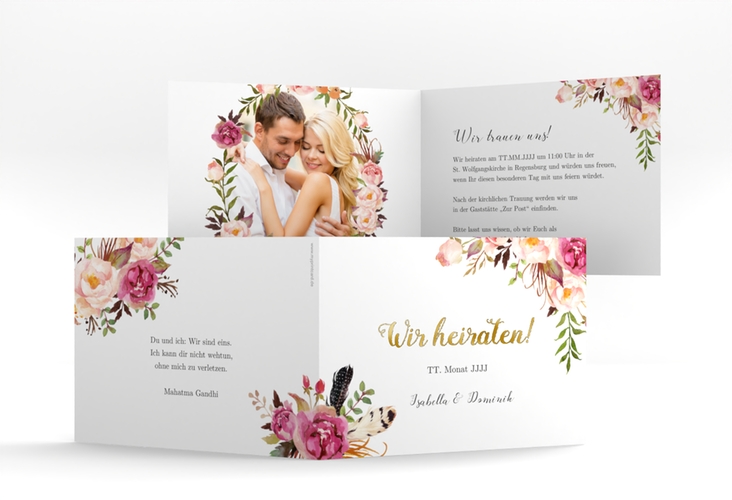 Hochzeitseinladung Flowers A6 Klappkarte quer weiss gold mit bunten Aquarell-Blumen