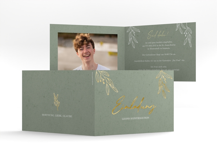 Konfirmationseinladung Grüne Natur A6 Klappkarte quer gruen gold