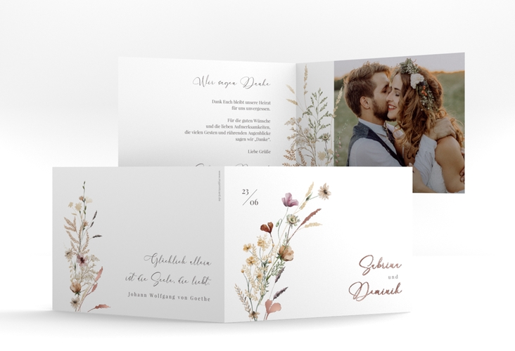 Danksagungskarte Hochzeit Sauvages A6 Klappkarte quer weiss rosegold mit getrockneten Wiesenblumen