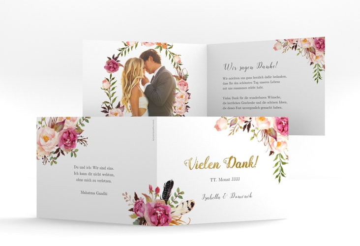 Danksagungskarte Hochzeit Flowers A6 Klappkarte quer weiss gold mit bunten Aquarell-Blumen