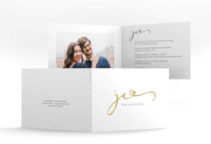 Hochzeitseinladung Jawort A6 Klappkarte quer weiss gold modern minimalistisch mit veredelter Aufschrift
