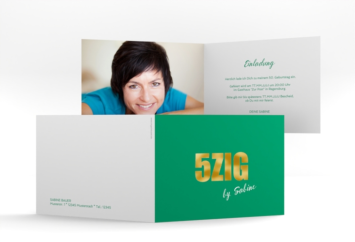 Einladung 50. Geburtstag Zig A6 Klappkarte quer gruen gold