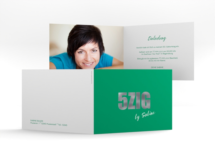 Einladung 50. Geburtstag Zig A6 Klappkarte quer gruen silber