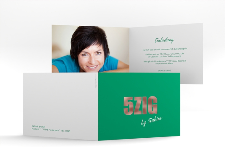 Einladung 50. Geburtstag Zig A6 Klappkarte quer gruen rosegold