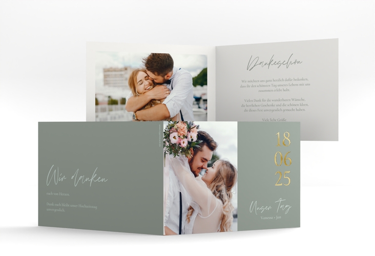 Danksagungskarte Hochzeit Day A6 Klappkarte quer gruen gold mit Datum im minimalistischen Design
