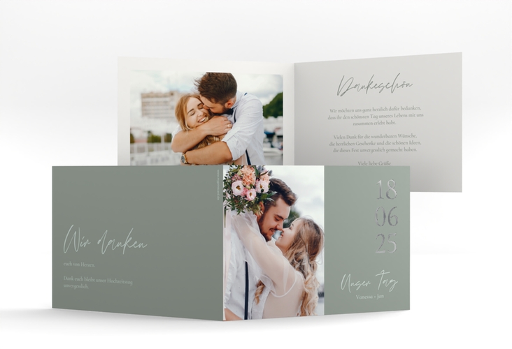 Danksagungskarte Hochzeit Day A6 Klappkarte quer gruen silber mit Datum im minimalistischen Design