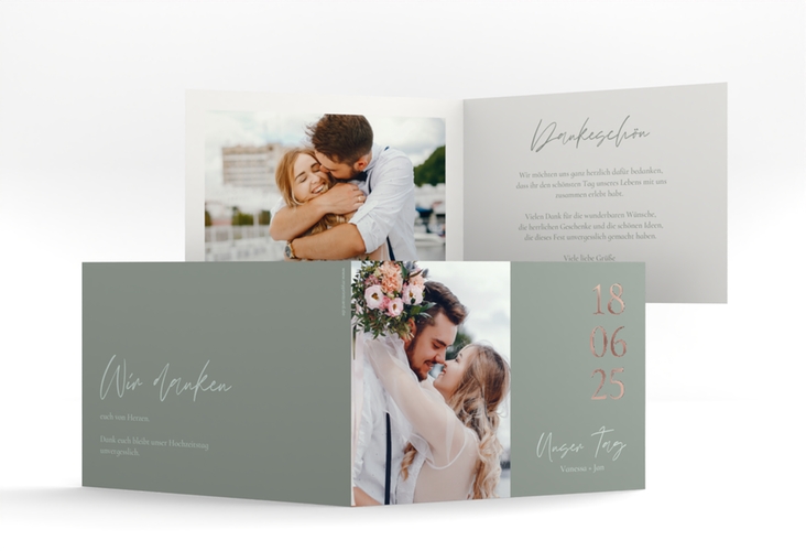 Danksagungskarte Hochzeit Day A6 Klappkarte quer gruen rosegold mit Datum im minimalistischen Design
