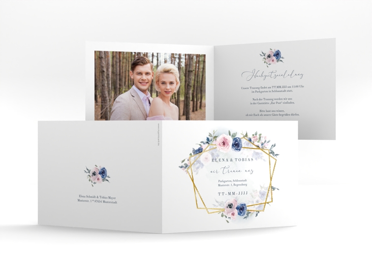 Hochzeitseinladung Dustyblue A6 Klappkarte quer weiss gold