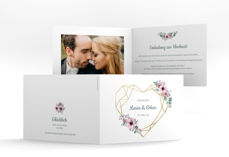 Hochzeitseinladung Herzgold A6 Klappkarte quer weiss gold