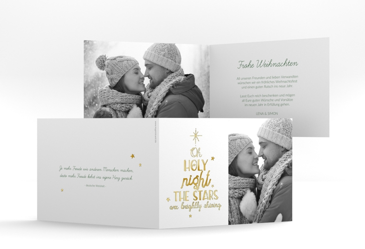 Weihnachtskarte Winterhimmel A6 Klappkarte quer gruen gold mit Handlettering-Text und Foto