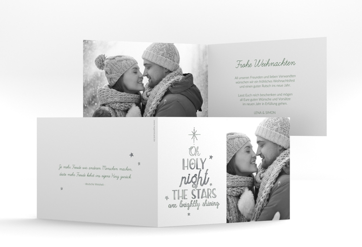 Weihnachtskarte Winterhimmel A6 Klappkarte quer gruen silber mit Handlettering-Text und Foto