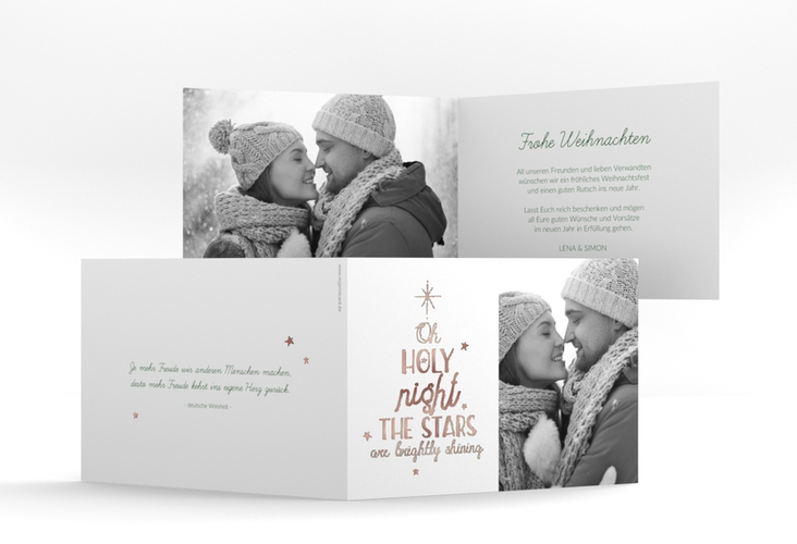 Weihnachtskarte Winterhimmel A6 Klappkarte quer gruen rosegold mit Handlettering-Text und Foto