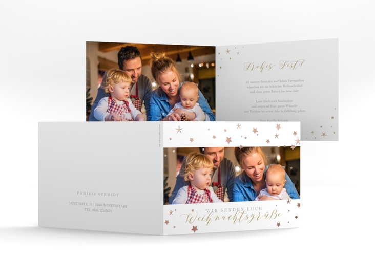Weihnachtskarte Sternennacht A6 Klappkarte quer weiss rosegold mit Sternchen und Familienfoto