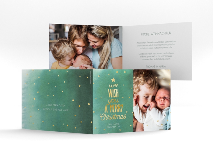 Weihnachtskarte Schneeglitzern A6 Klappkarte quer gruen gold im Handlettering-Stil mit Foto