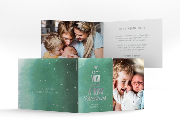 Weihnachtskarte Schneeglitzern A6 Klappkarte quer gruen silber im Handlettering-Stil mit Foto