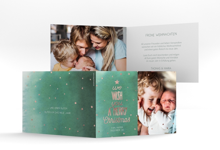 Weihnachtskarte Schneeglitzern A6 Klappkarte quer gruen rosegold im Handlettering-Stil mit Foto