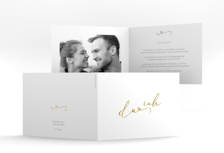 Hochzeitseinladung Zweisamkeit A6 Klappkarte quer weiss gold im minimalistischen Stil mit Aufschrift du & ich