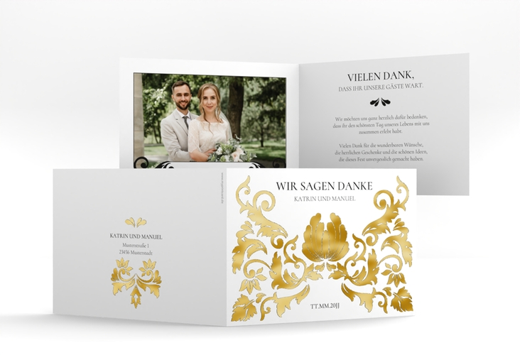 Danksagungskarte Hochzeit Royal A6 Klappkarte quer weiss gold mit barockem Blumen-Ornament