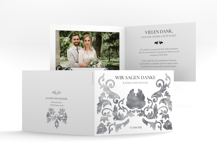 Danksagungskarte Hochzeit Royal A6 Klappkarte quer weiss silber mit barockem Blumen-Ornament