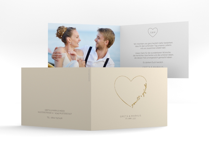 Danksagungskarte Hochzeit Lebenstraum A6 Klappkarte quer beige gold