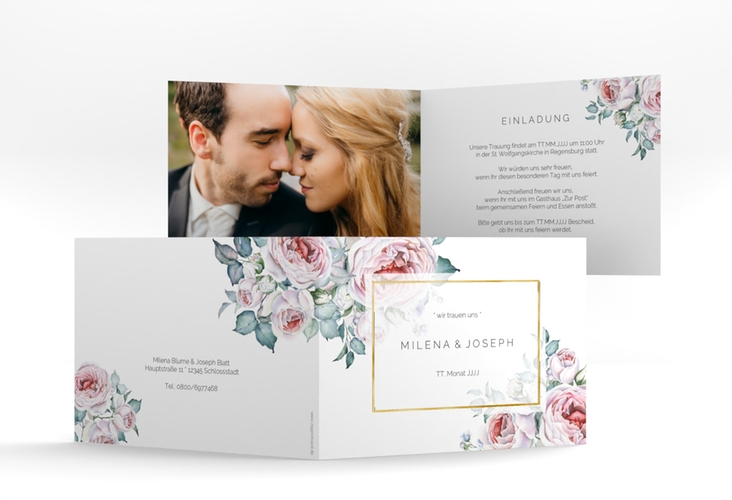 Hochzeitseinladung Embrace A6 Klappkarte quer weiss gold
