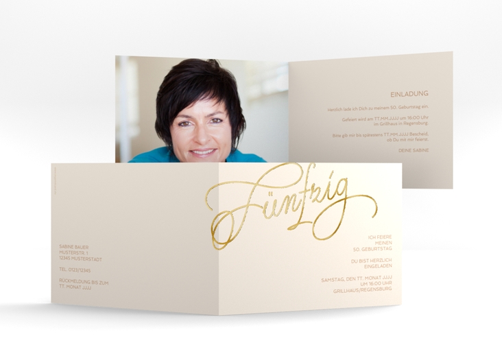 Einladung 50. Geburtstag Schwungvoll A6 Klappkarte quer beige gold