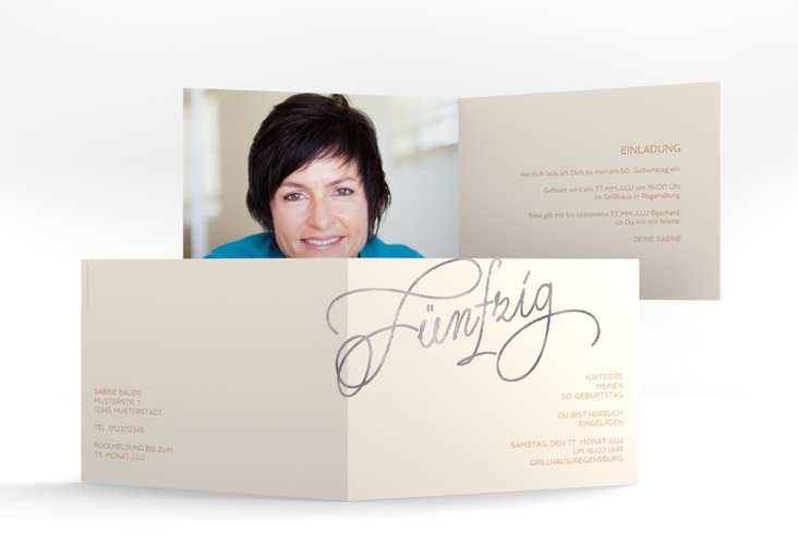 Einladung 50. Geburtstag Schwungvoll A6 Klappkarte quer beige silber