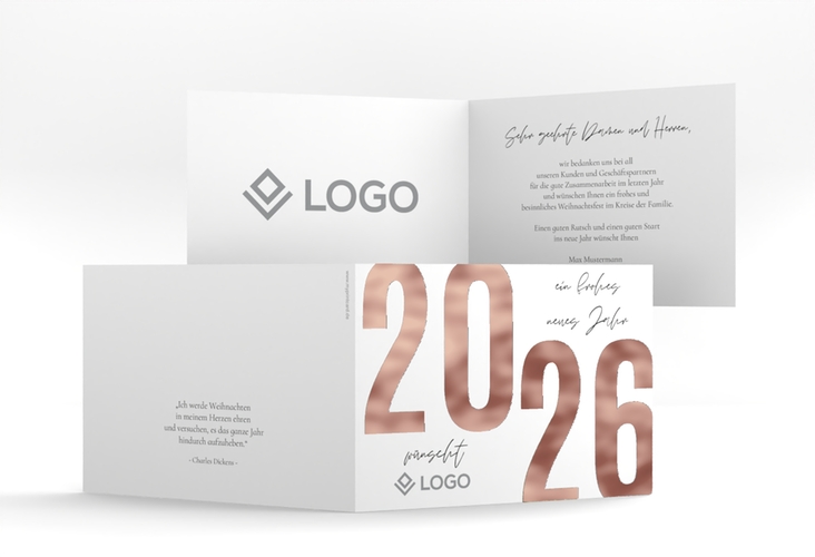 Geschäftliche Weihnachtskarte Jahresanfang A6 Klappkarte quer weiss rosegold
