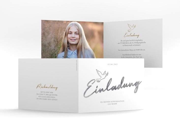 Konfirmationseinladung Edeltaube A6 Klappkarte quer weiss silber