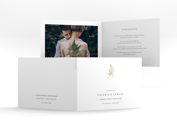 Hochzeitseinladung Ivy A6 Klappkarte quer weiss gold minimalistisch mit kleiner botanischer Illustration
