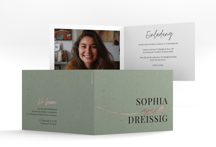 Einladung Geburtstag Einfach A6 Klappkarte quer gruen rosegold